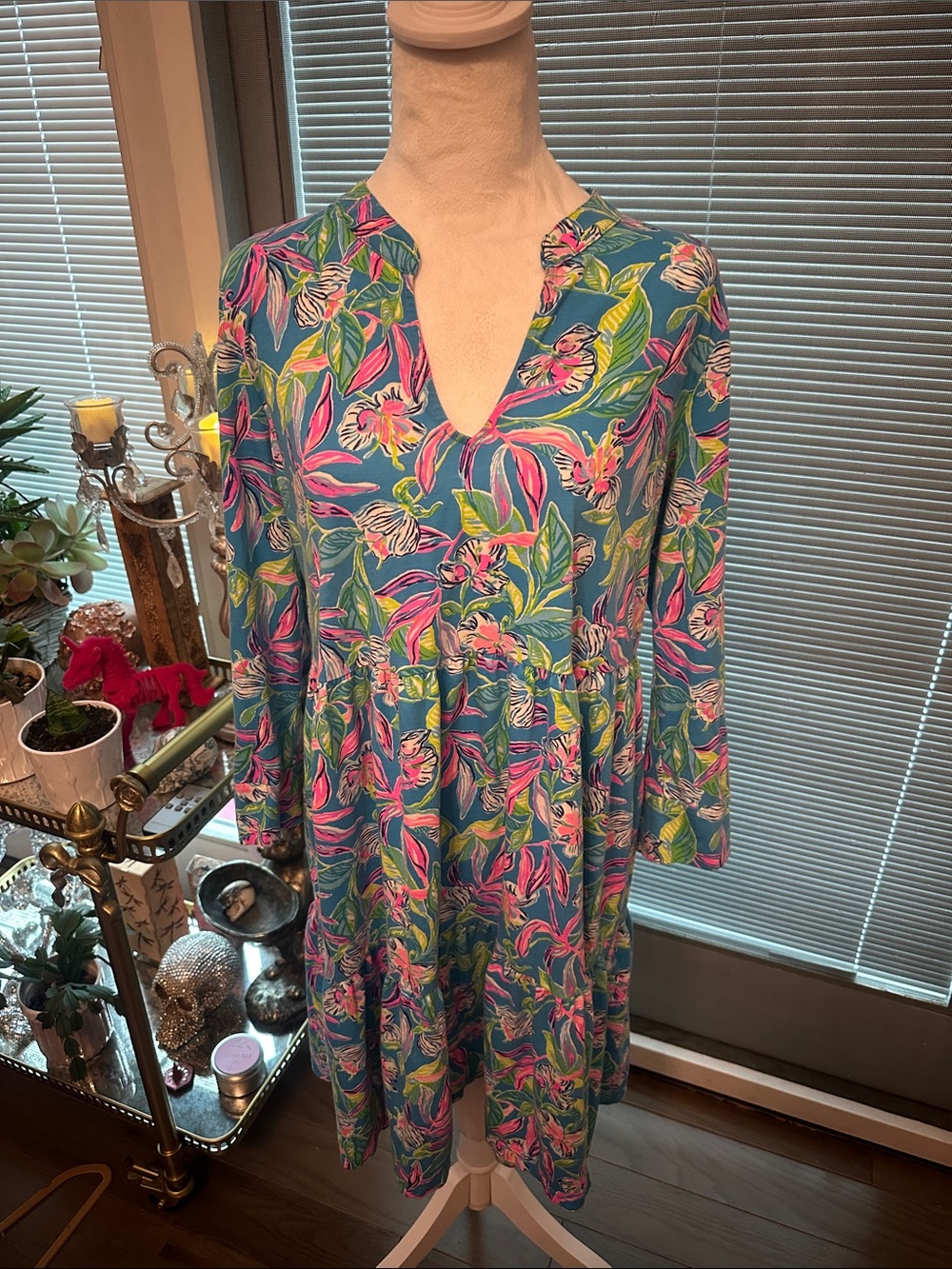 Lilly Pulitzer Teal Floral Long Sleeve Dress with Pink & Green Print